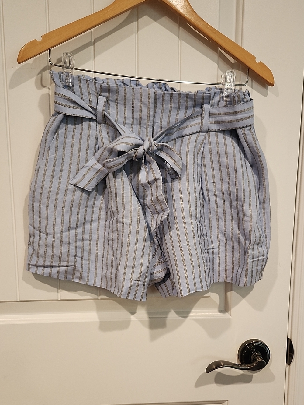 LOFT Light Blue and White Striped Paperbag Waist Shorts